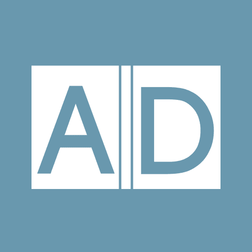 A blue and white logo of the word ad.